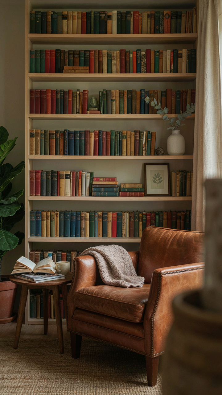 A floor-to-ceiling built-in bookshelf filled with books in a small, organized room.