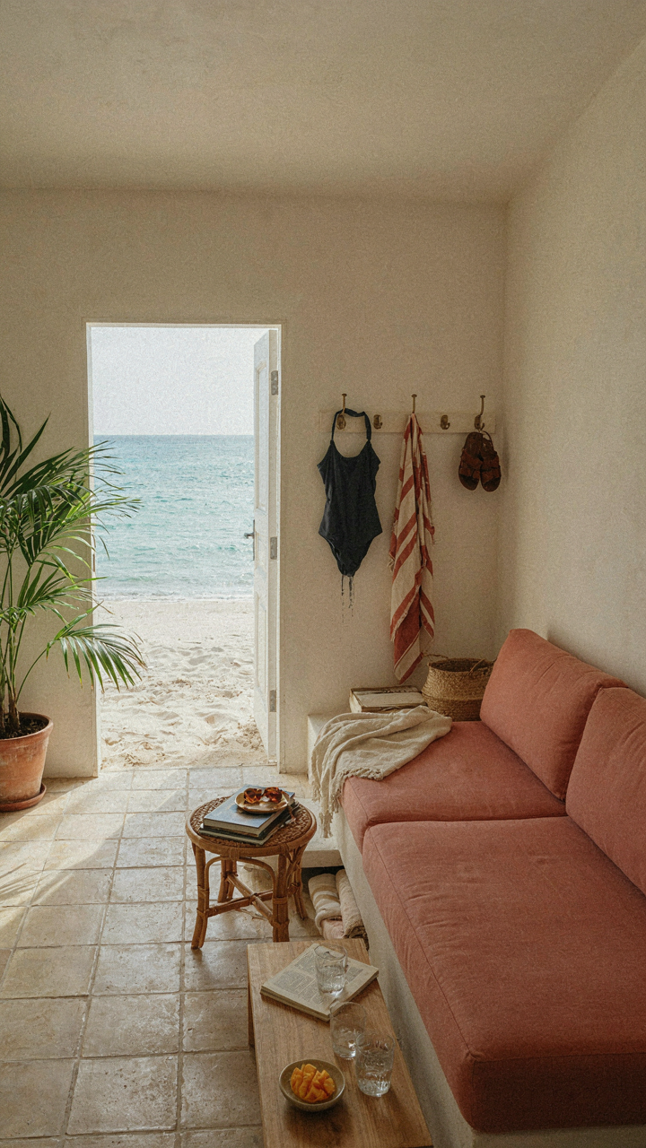 A small living room in a beach bungalow with built-in storage and hooks for swimwear.