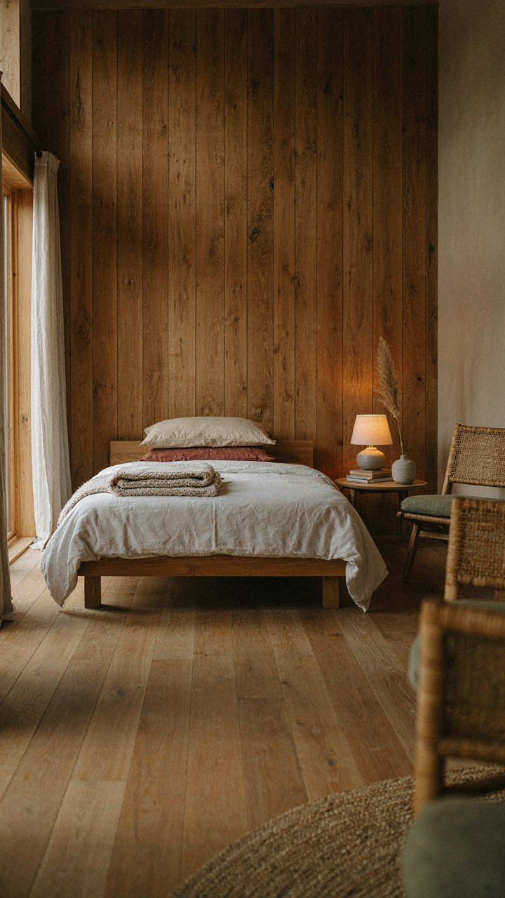 A minimalist barn house bedroom with simple furniture and exposed timber walls.