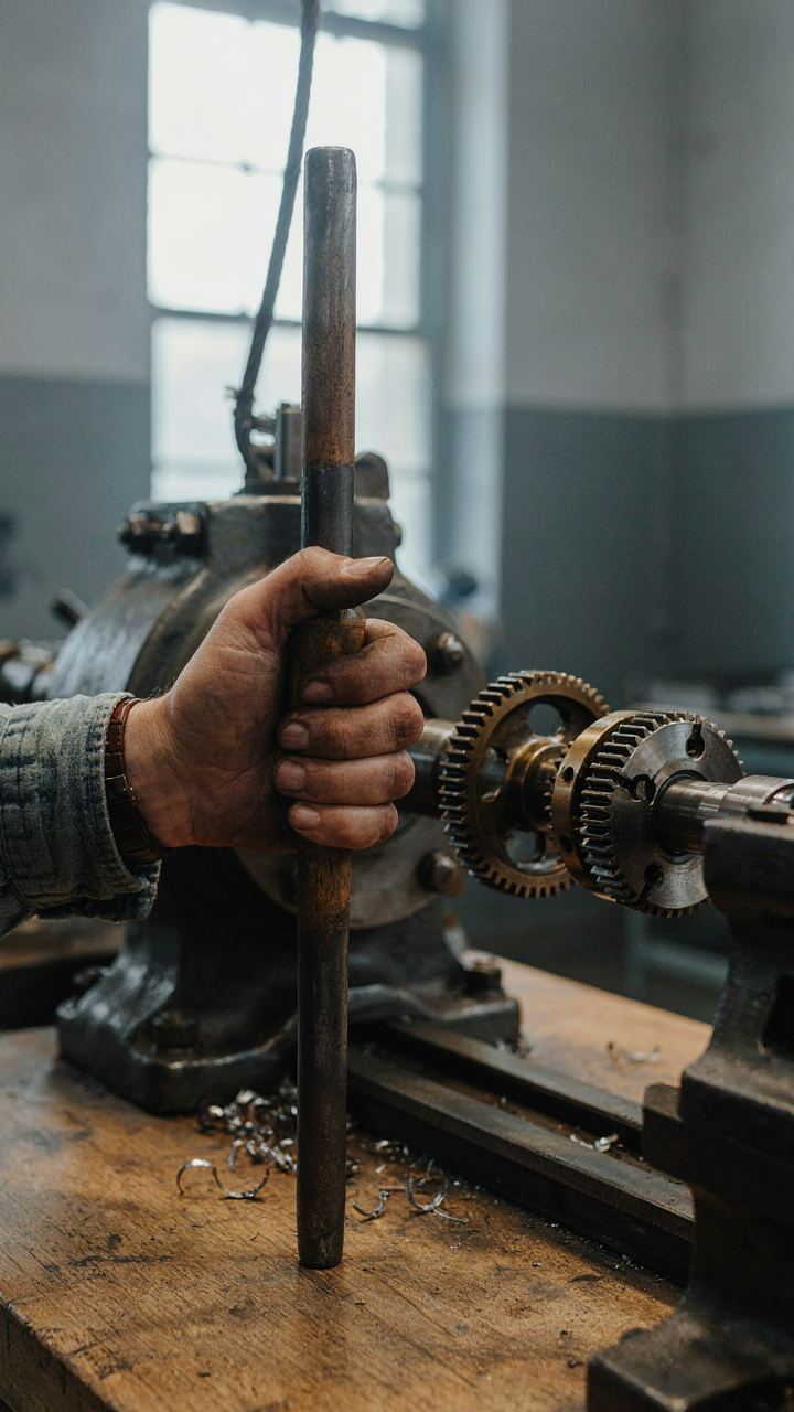 A hand uses a lever to move a heavy object in a workshop.