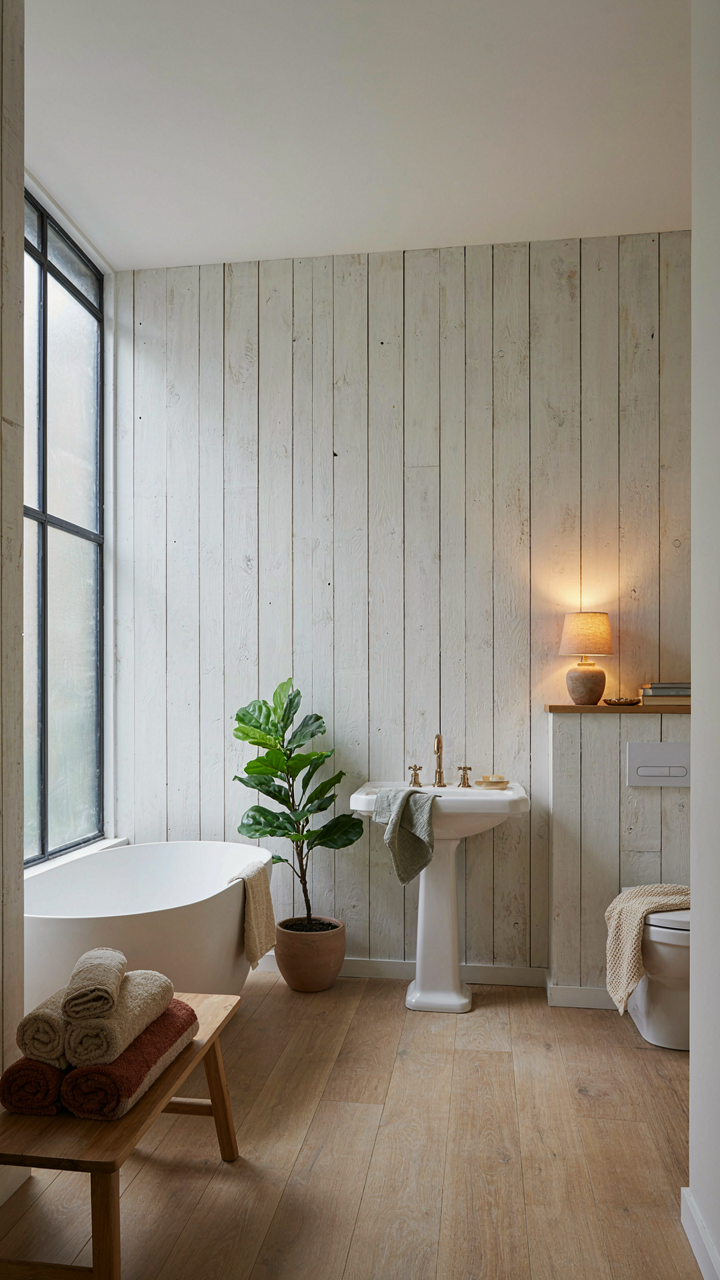 A bright scandinavian cottage bathroom with a frosted window and warm lamp.