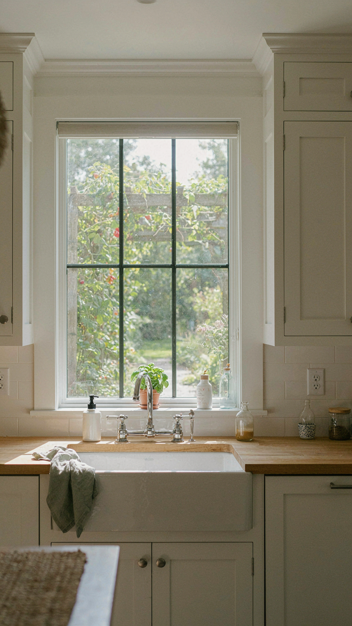 A large kitchen window over a sink looks out onto a green garden.