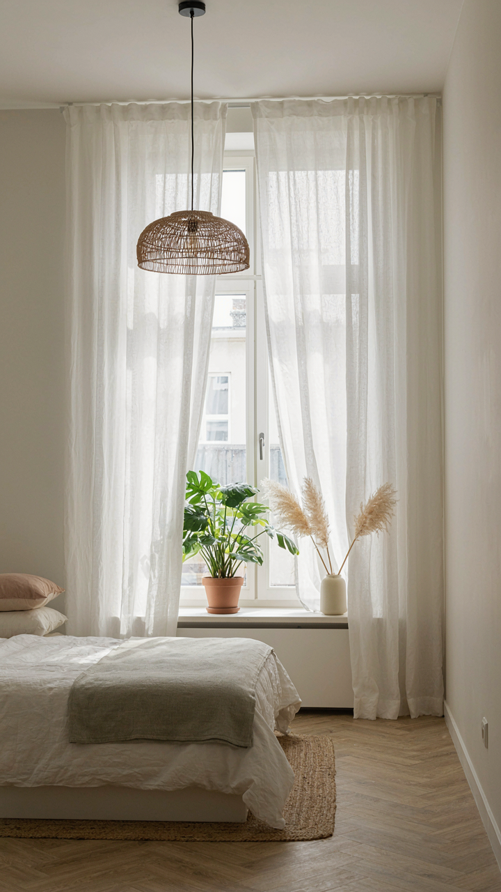 A large bedroom window with sheer white linen curtains and soft daylight.