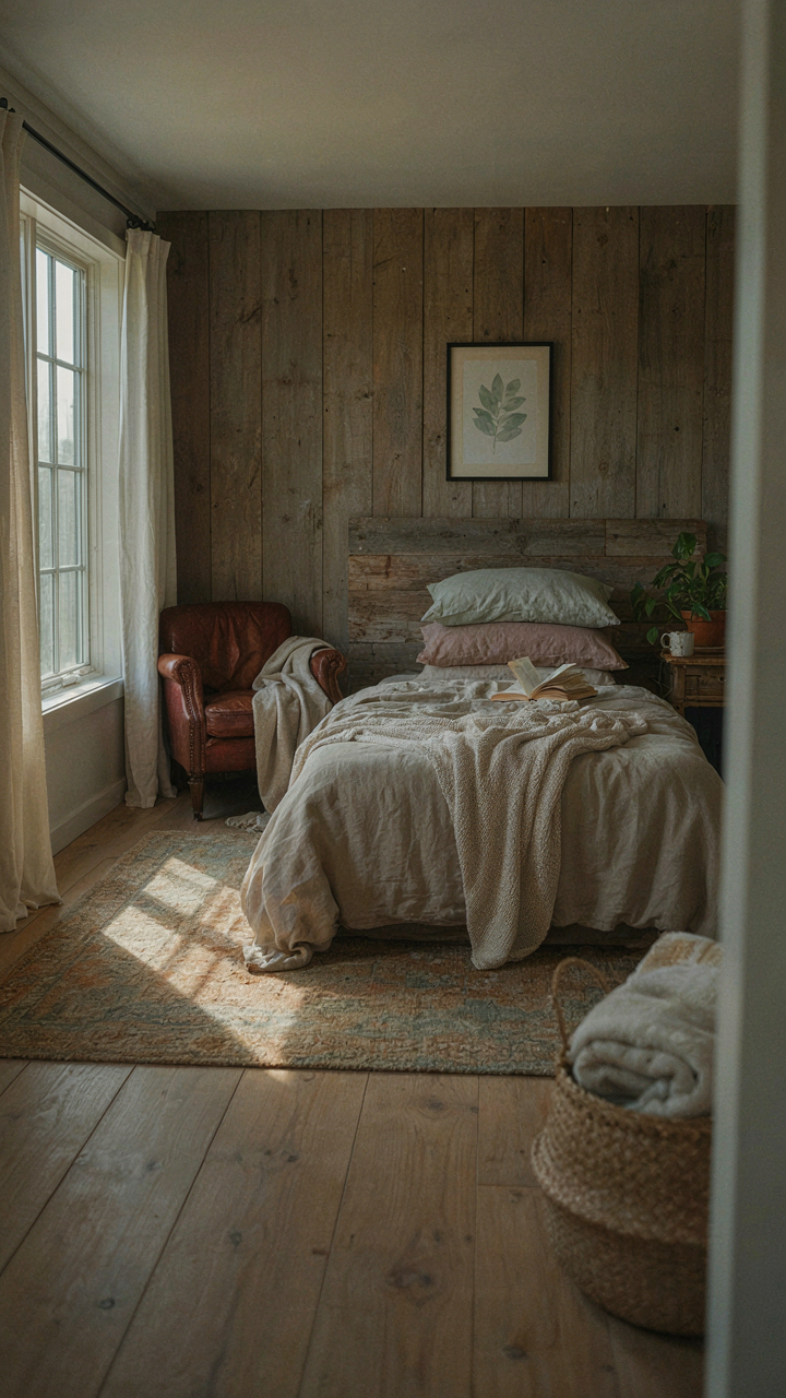Morning light gently illuminates the foot of a bed in a barn house bedroom.