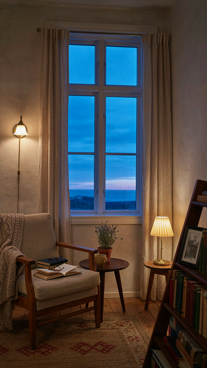 A cozy swedish cottage interior with warm lamps near a large window at twilight.