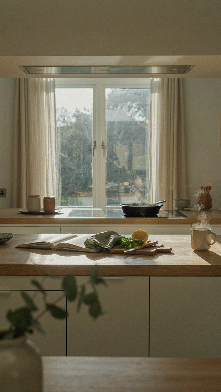 Kitchen counter bathed in gentle morning light from a shaded east-facing window.