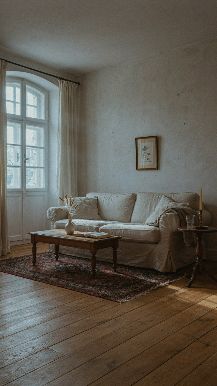 An empty French country living room in cool morning light.