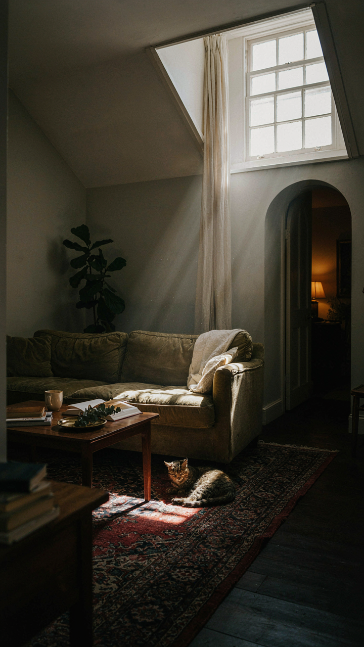 A living room with harsh glare from a dormer window washing out the view.