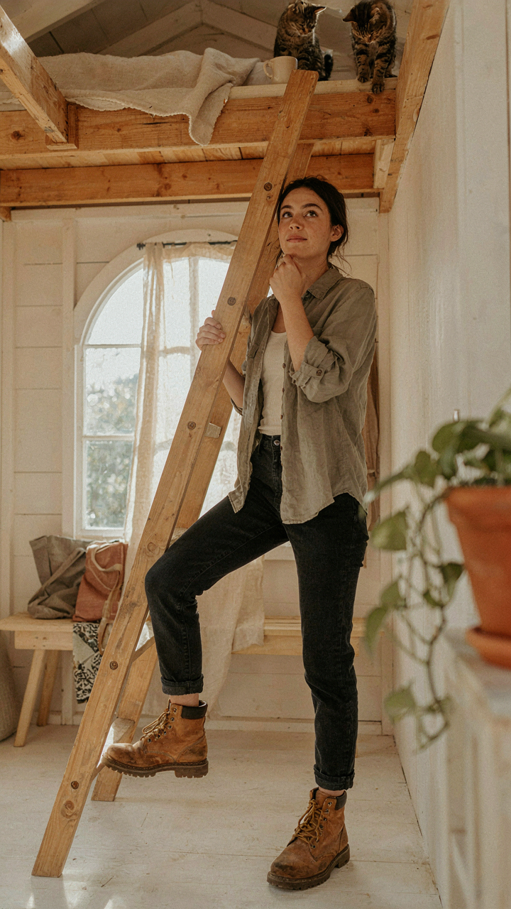 A person climbing a ladder into a she shed with loft.