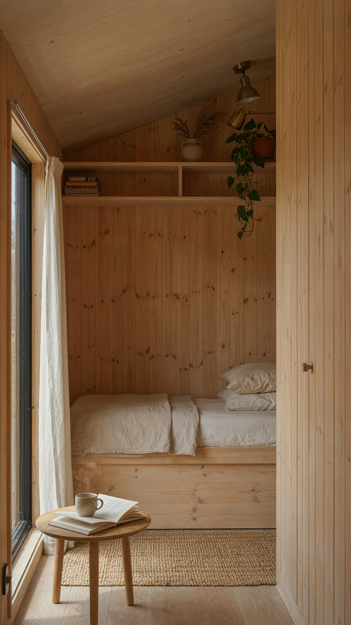 A minimalist tiny cabin loft bedroom with built-in bed and integrated shelving.