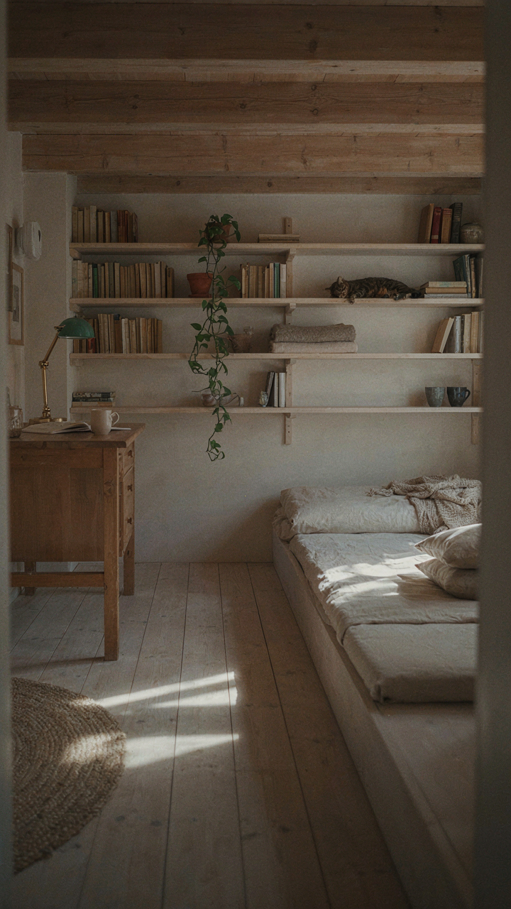 A small cabin loft with distinct sleeping and work zones.