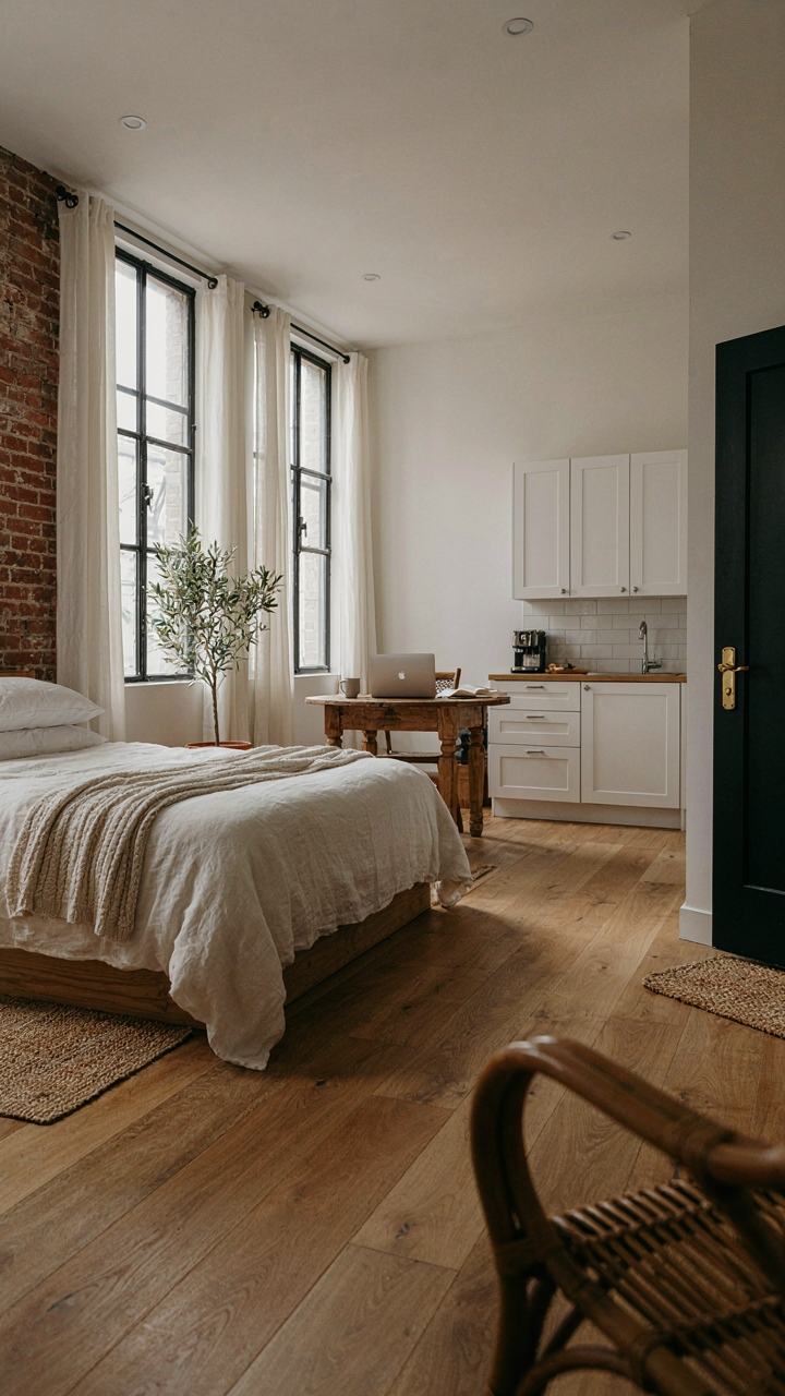 A stylish farmhouse loft arranged as a short-term rental space for guests.