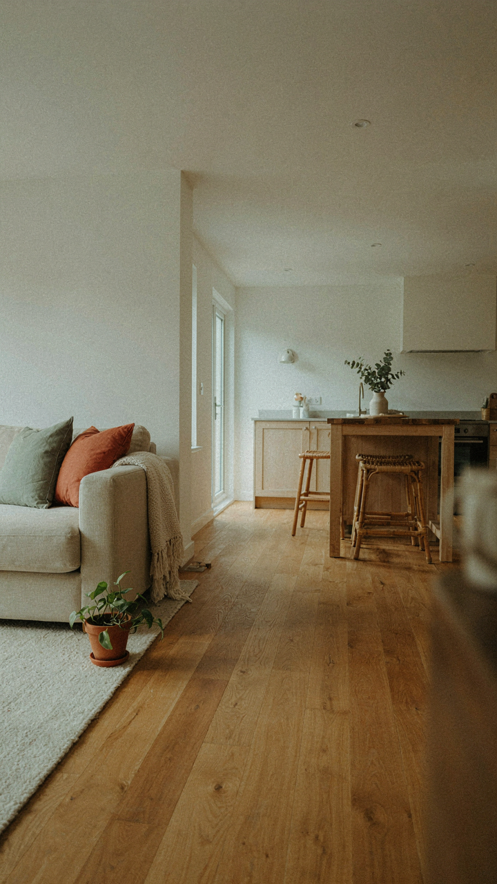 A living area transitions to a kitchen with different flooring, creating zones.