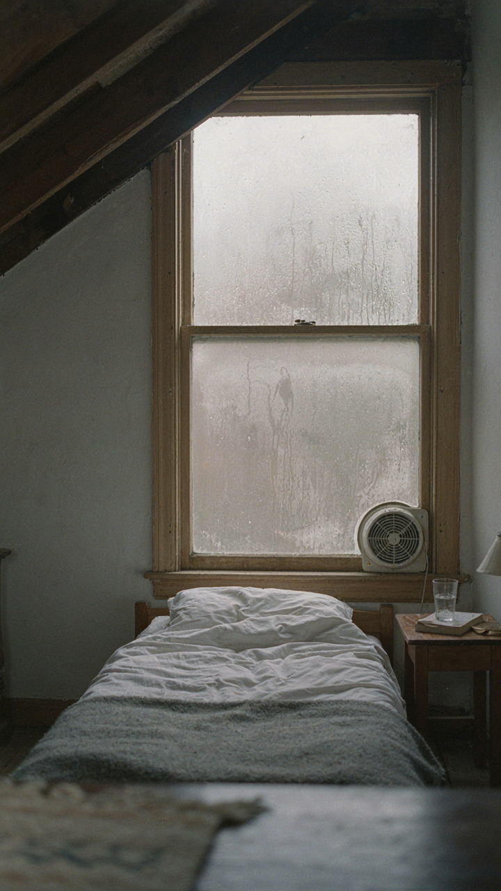 A tiny cottage loft window is covered in condensation, showing poor air circulation.