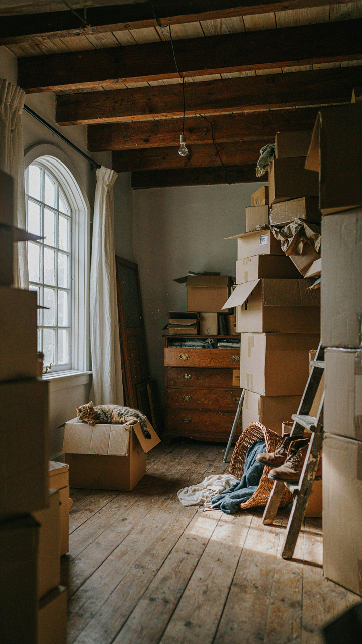 A farmhouse loft cluttered with boxes and forgotten items, showing unused vertical space.
