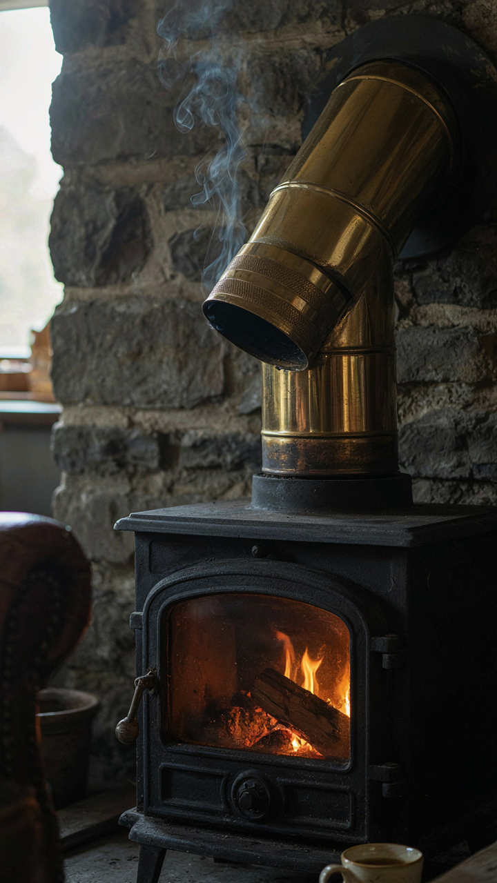 A metal chimney damper partially closed above a burning log in a cottage fireplace.