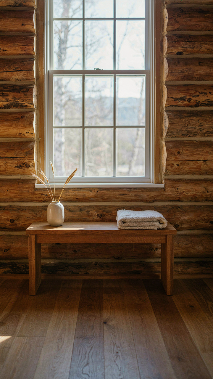 A log cabin interior showing raw, textured wooden walls with minimal decoration.