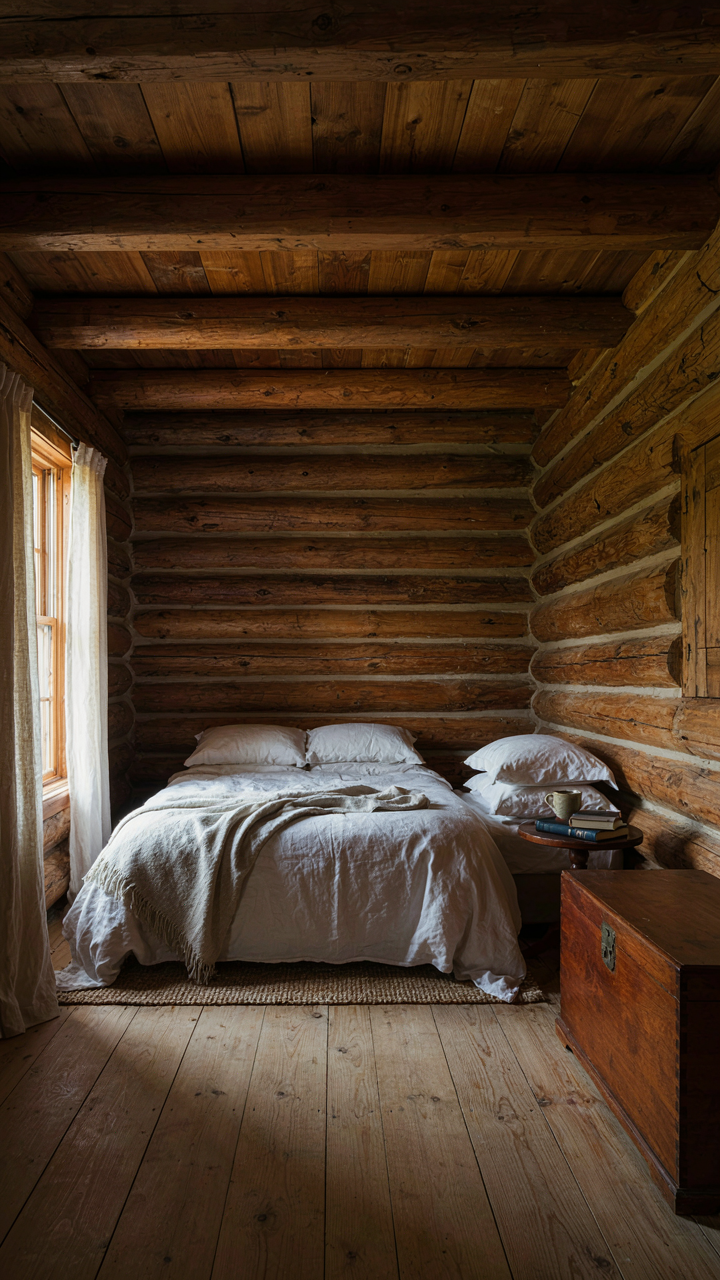 A minimalist log cabin bedroom with a bed, a nightstand, and a cedar chest.