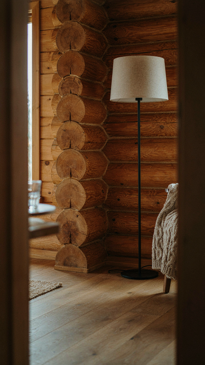 A modern black floor lamp contrasts with a log cabin wall.