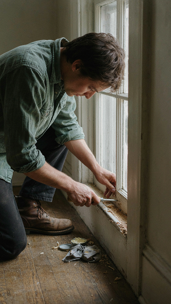 A person carefully repairs a small section of a wooden window frame.
