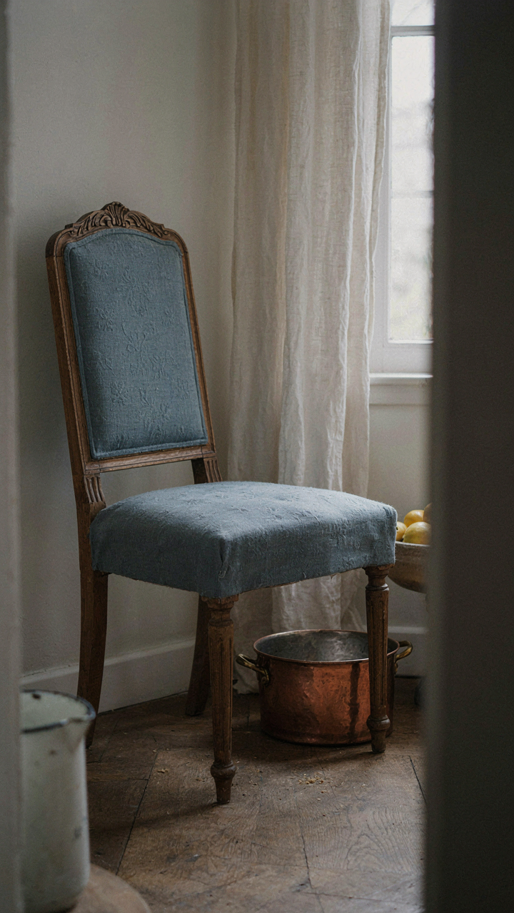 A vintage copper pot next to an antique wooden chair in a dining room.