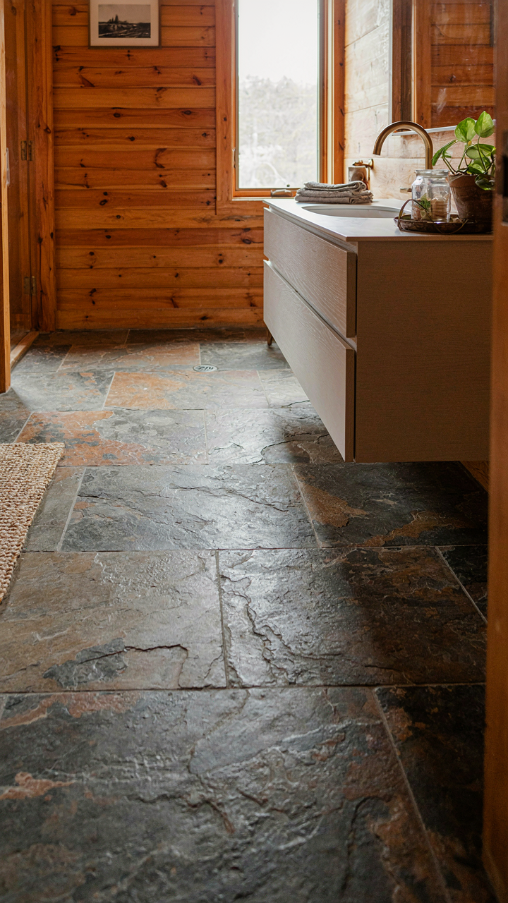A slate floor with rich patina shows age and beauty in a cabin bathroom.
