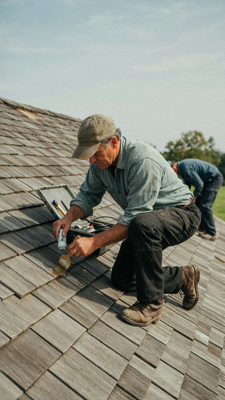 A craftsman applying a protective sealant to a cottage roof with cedar shingles.