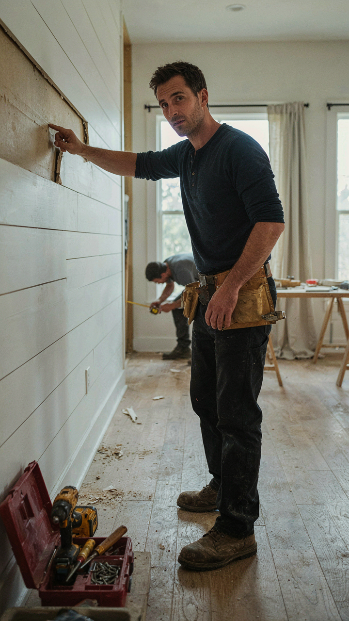 Construction worker points out particle board behind shiplap in a farmhouse.