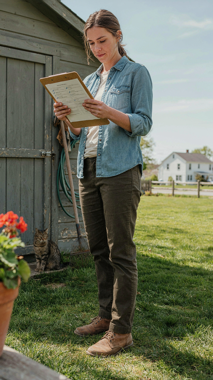 A person reviews a simple checklist for routine shed maintenance and decluttering.