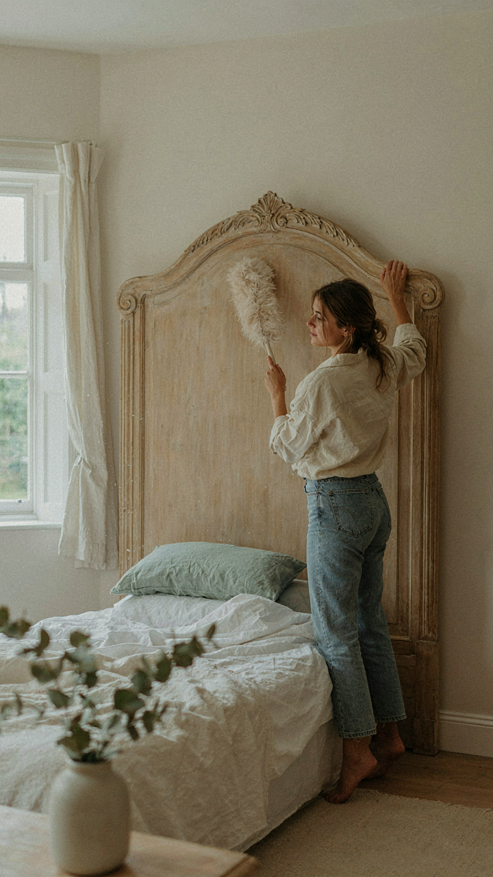 Someone dusts the carved curves of a wooden headboard with a soft brush.