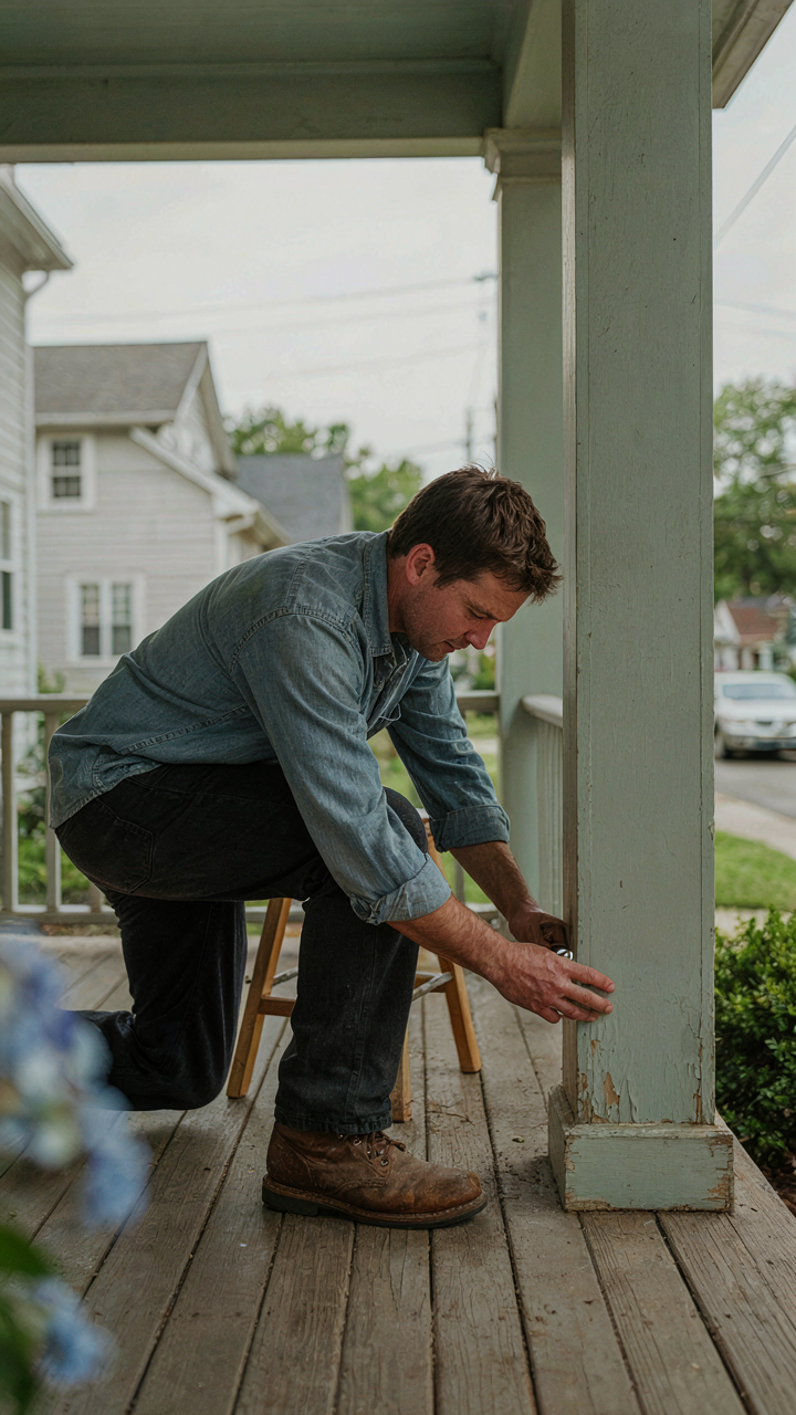 Homeowner inspecting the base of a craftsman porch tapered column for moisture damage.