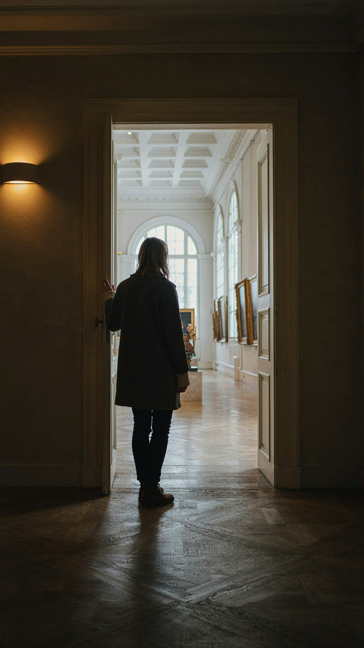 A person walks from a narrow hallway into a grand, vaulted gallery.