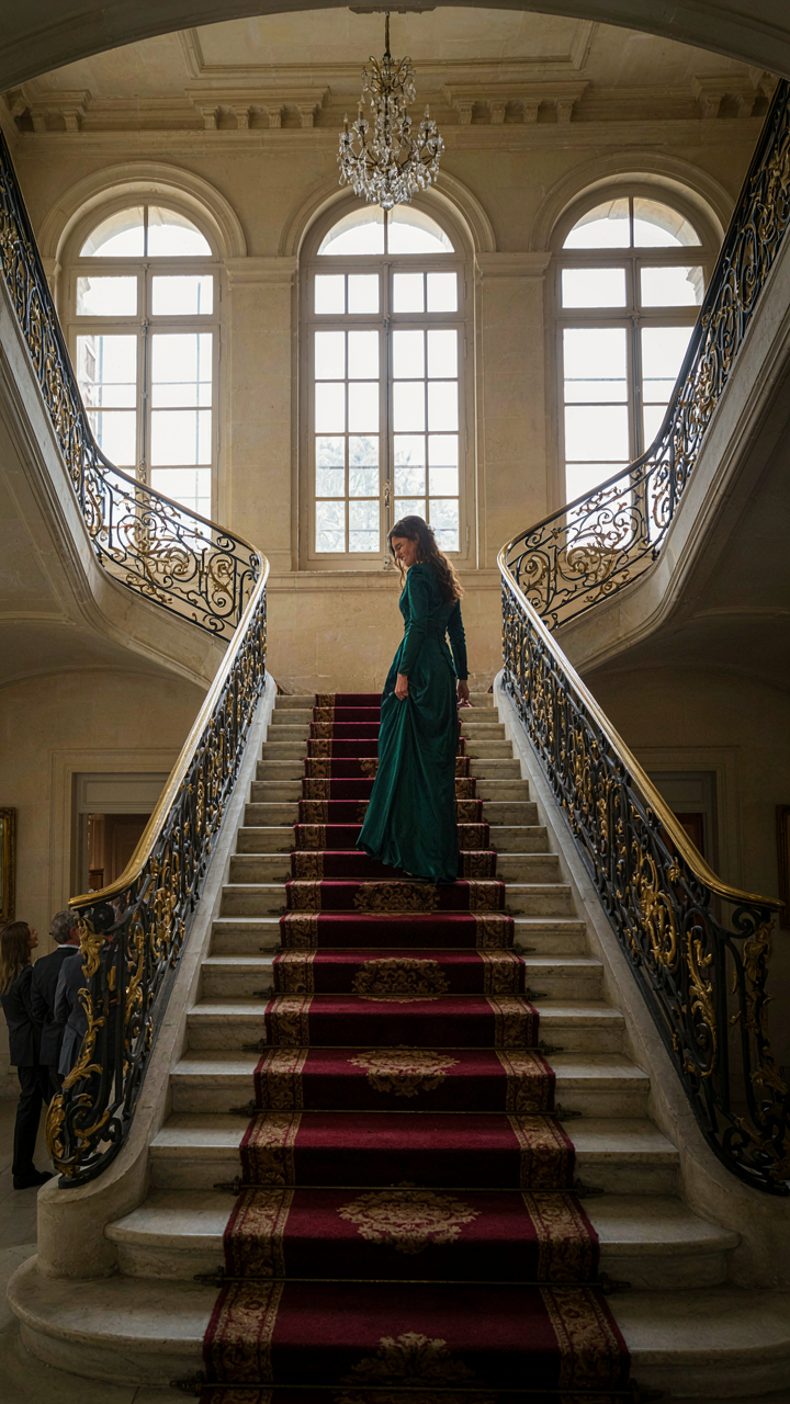 A guest ascends a wide chateau staircase, visible only at the midpoint.