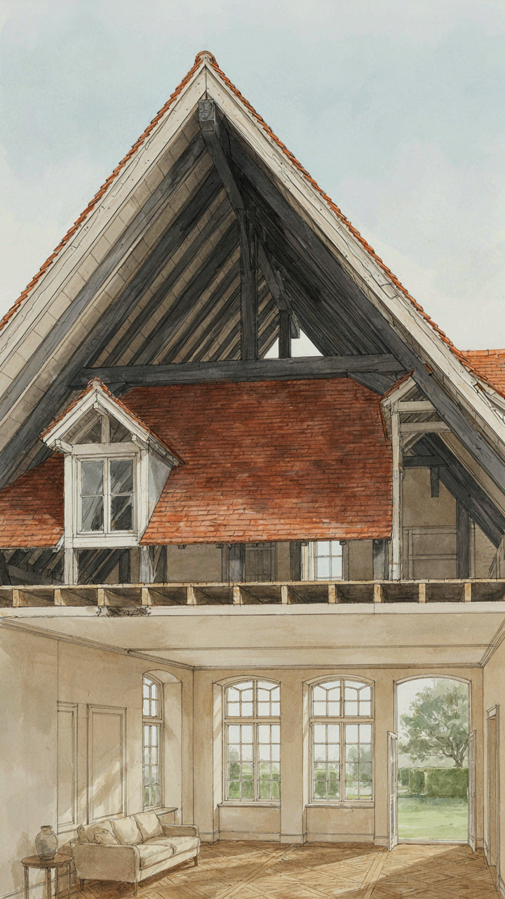A cross-section drawing of a mansard roof shows how it creates extra usable space.