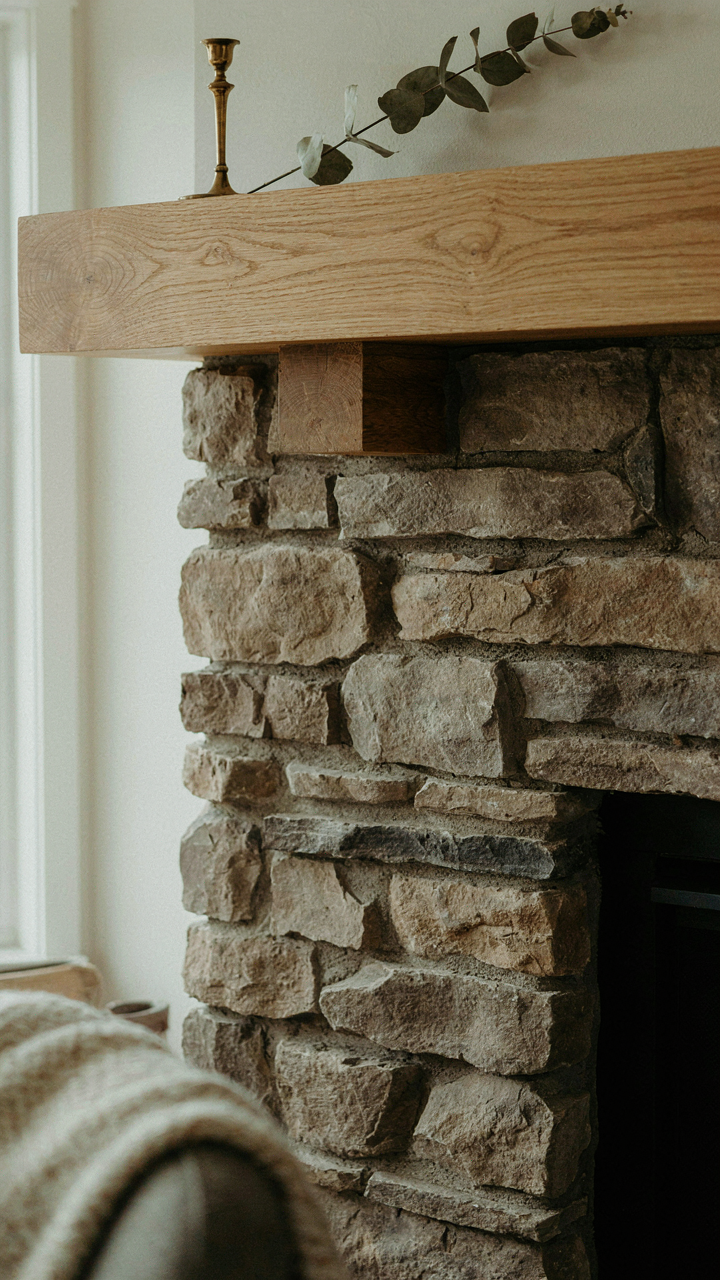 A thick white oak mantel shelf firmly attached to a stone fireplace.