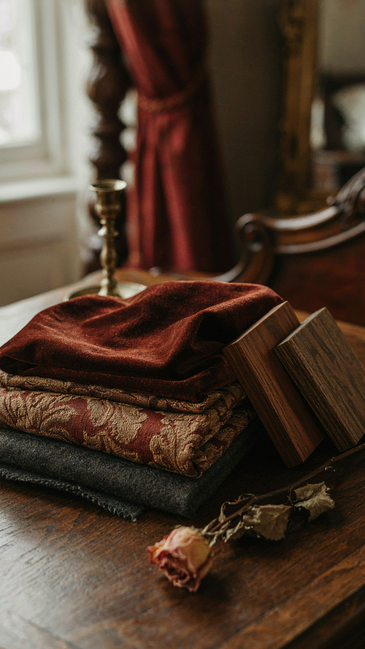 A stack of rich, dark velvet, damask, and wool fabric swatches with mahogany wood.