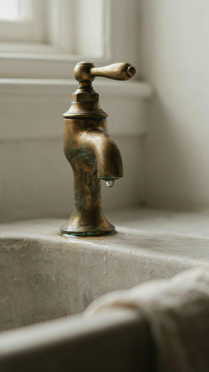 A weathered brass faucet with verdigris on a rustic stone sink.