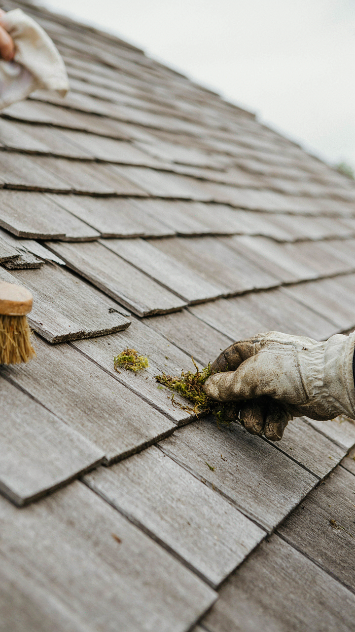 A gloved hand cleans moss from between silver-gray cedar shingles on a garden shed roof.