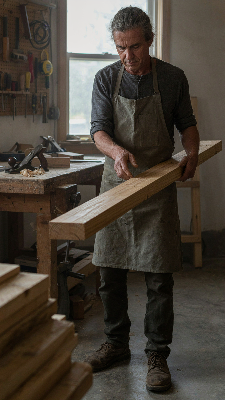 A carpenter inspecting a thick plank of solid oak wood.