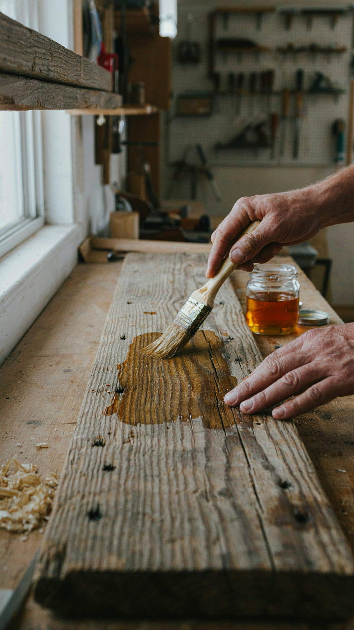 A woodworker's hands carefully apply oil-based polyurethane to reclaimed barn wood.