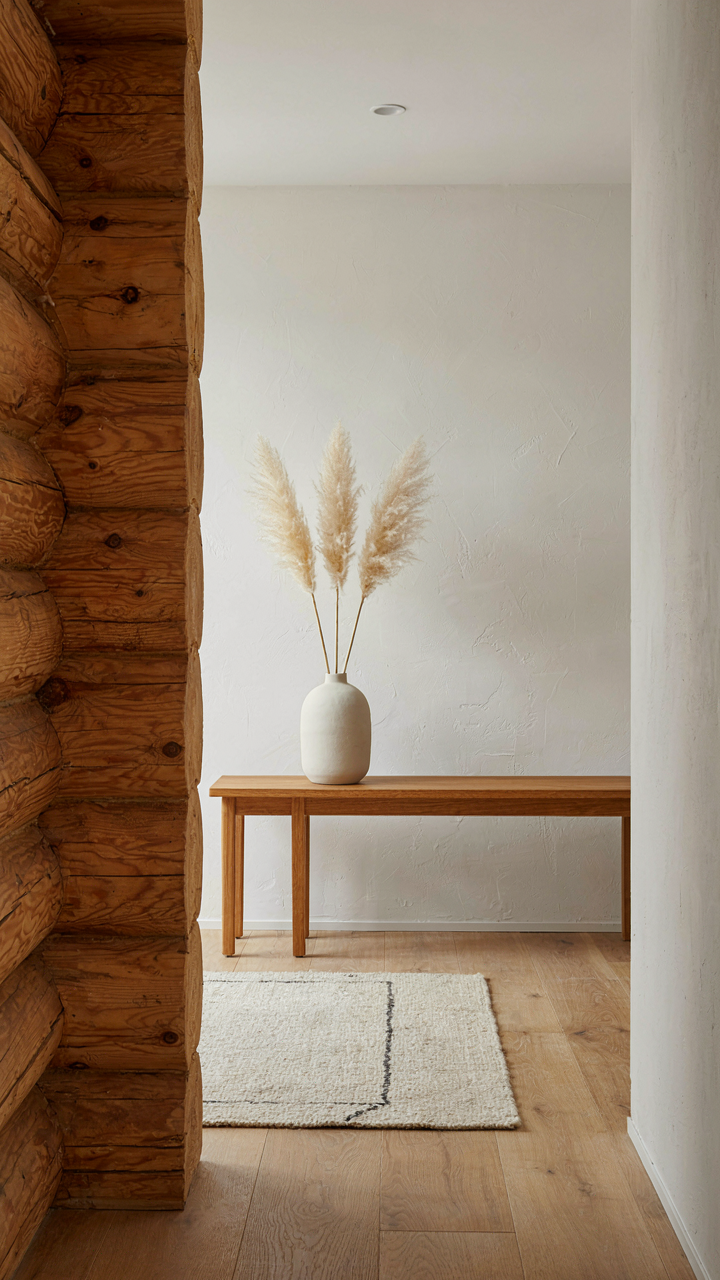 Raw log wall next to a white painted wall with a wool rug.
