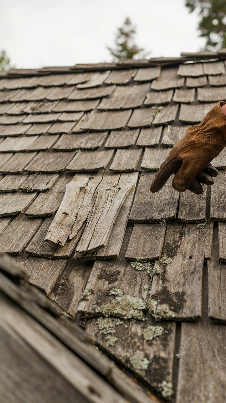 A gloved finger points at a splitting cedar shingle on a cottage roof.