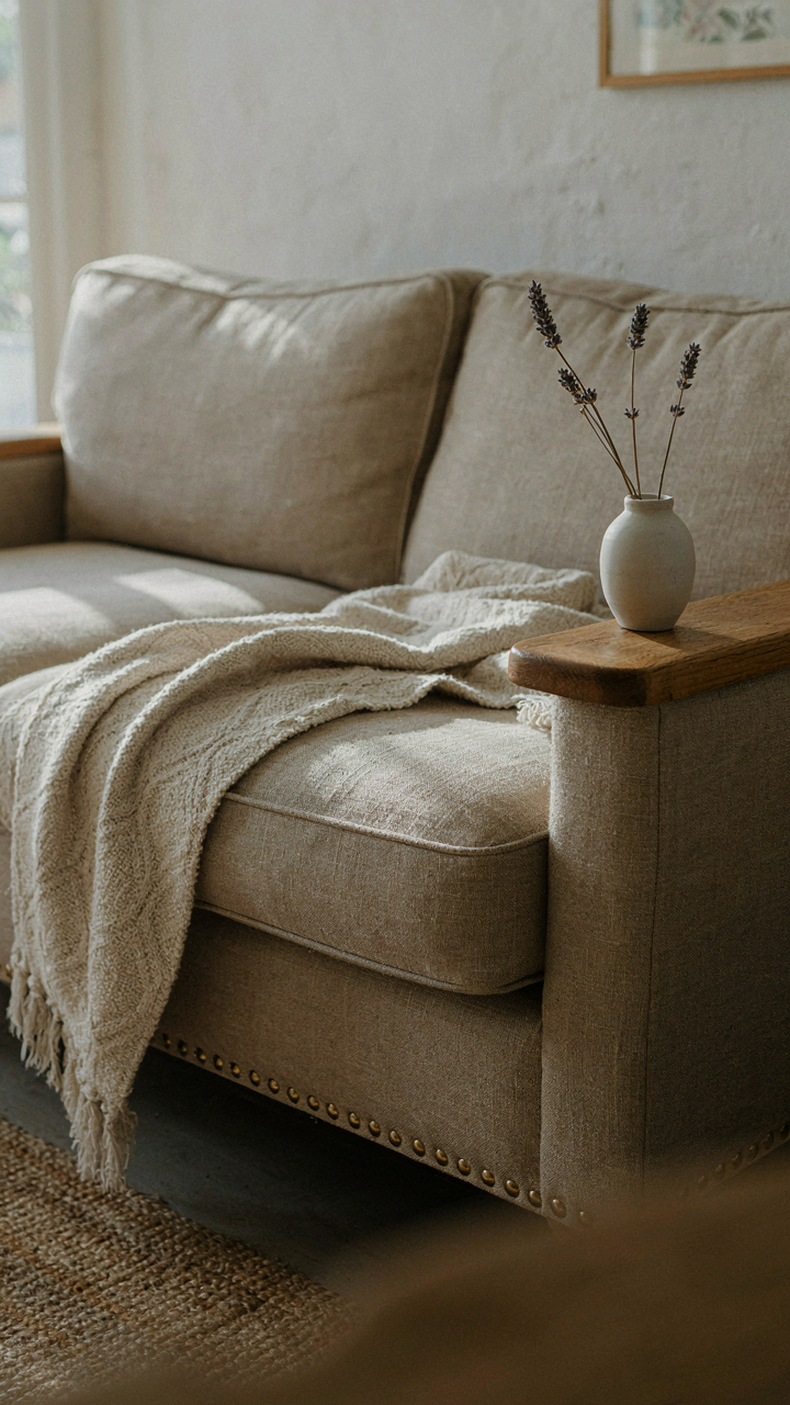 Close-up of a deep-seated linen sofa with a wool throw in a French country room.