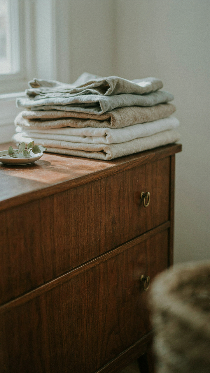 Close-up of a sturdy walnut dresser with linen fabric, showing durable materials.
