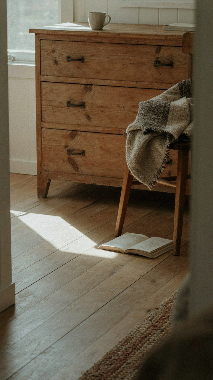 An untreated wooden dresser and a wool blanket in a rustic cabin bedroom.