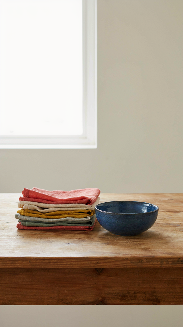 A close up of a raw wood dining table with linen napkins.