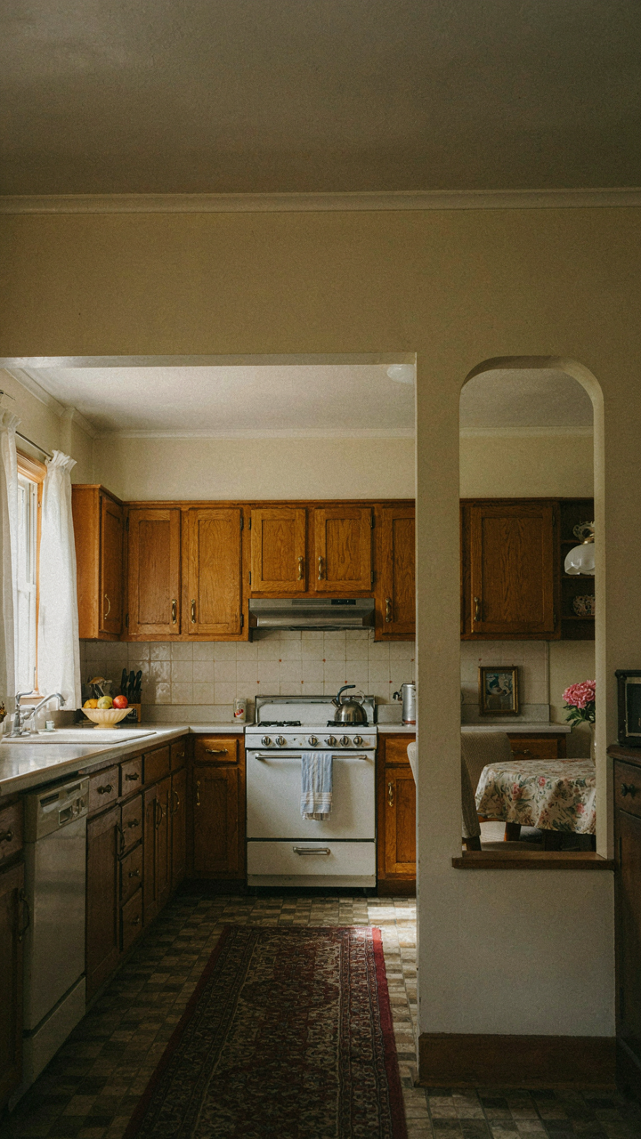 A mid-century kitchen with a pass-through to a dining area and a lowered soffit.