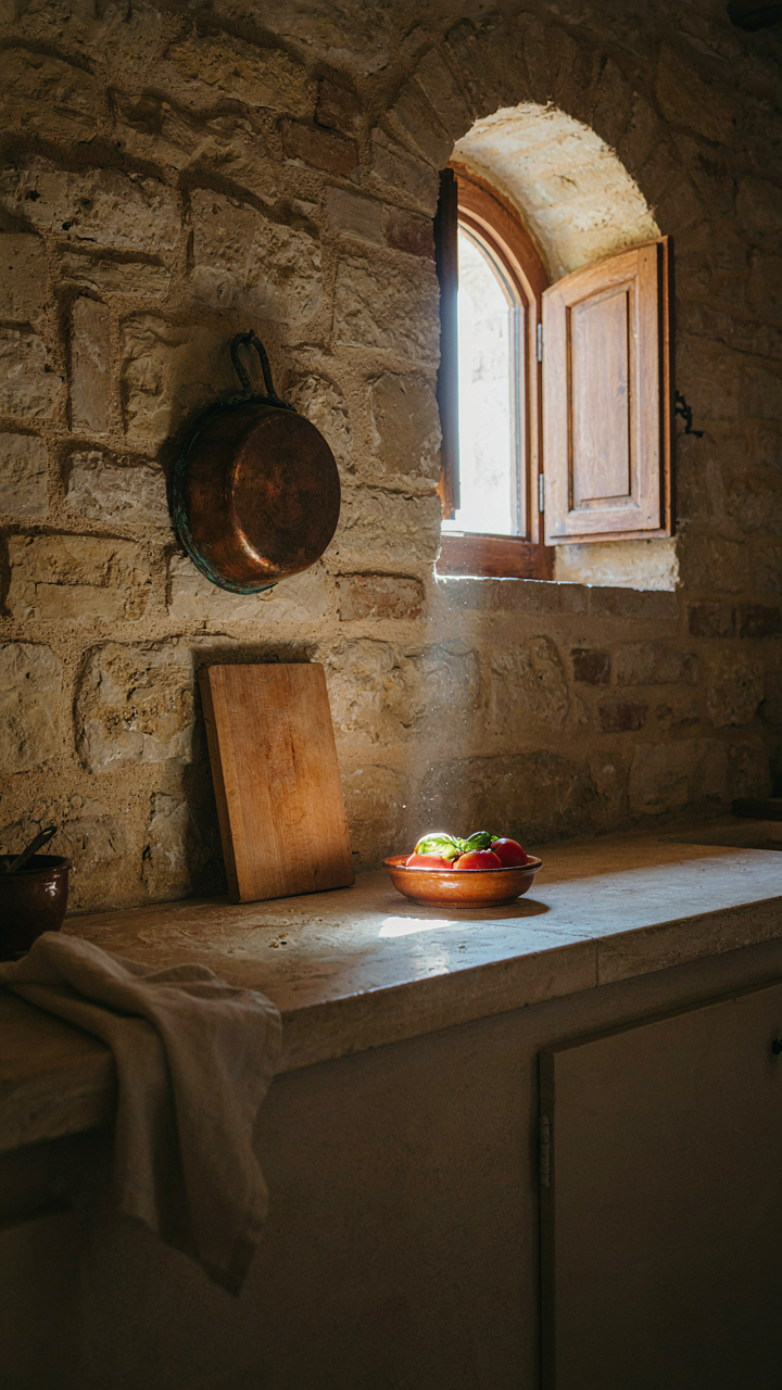 A rustic Tuscan kitchen with a long stone counter and a copper pot on the wall.