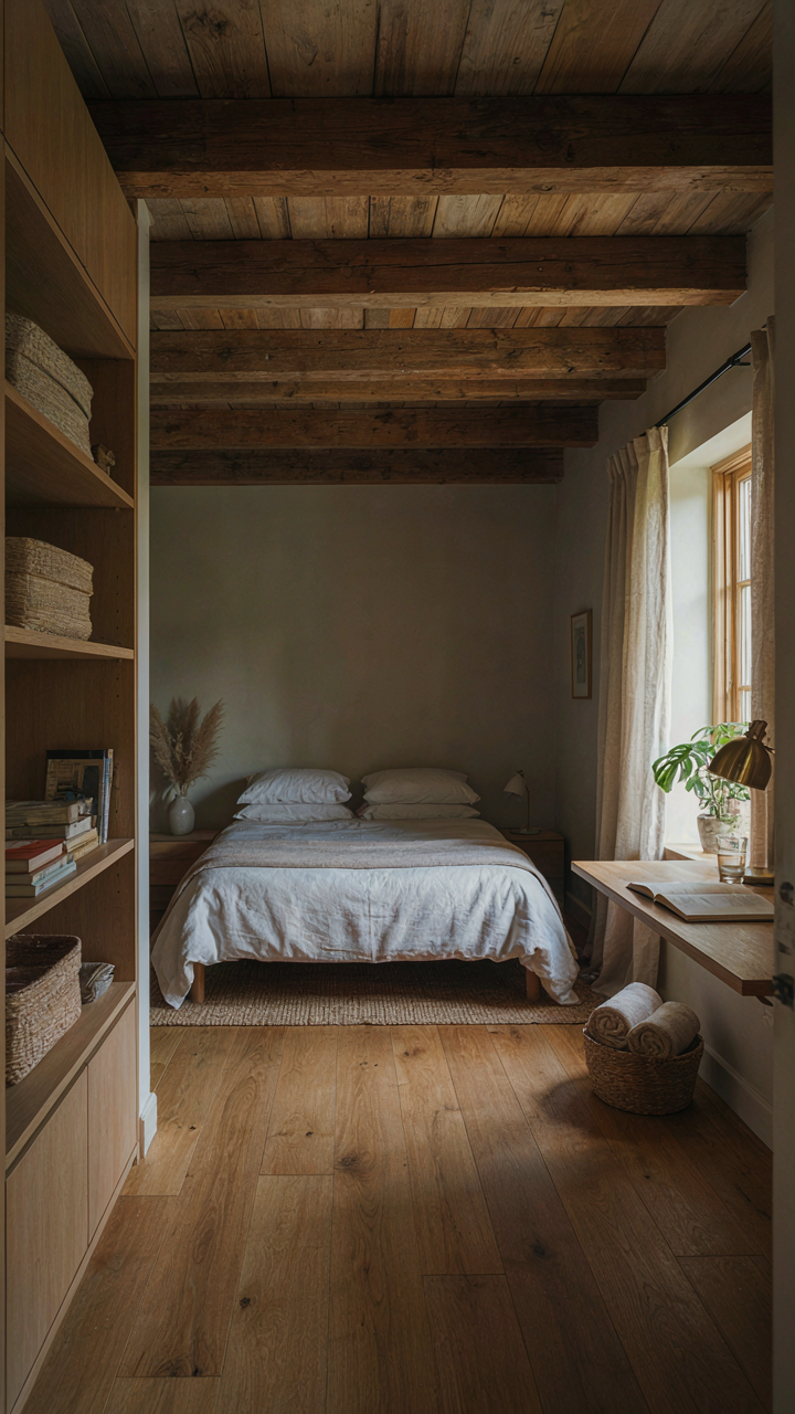 A compact, highly functional bedroom in a barn house with integrated storage and a desk.