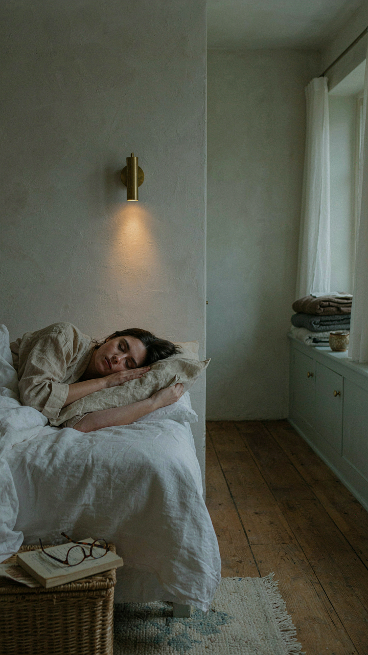 A person sleeping in a tiny cottage bedroom with a recessed reading light.